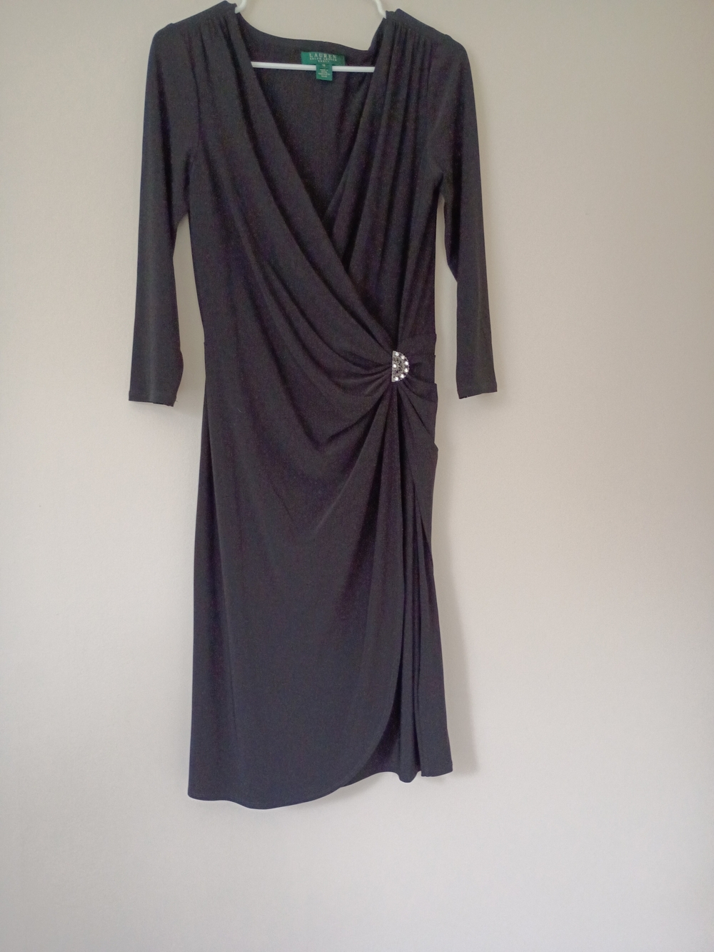 Lauren Ralph Lauren Black Faux-Wrap Midi Dress with Rhinestone Accent